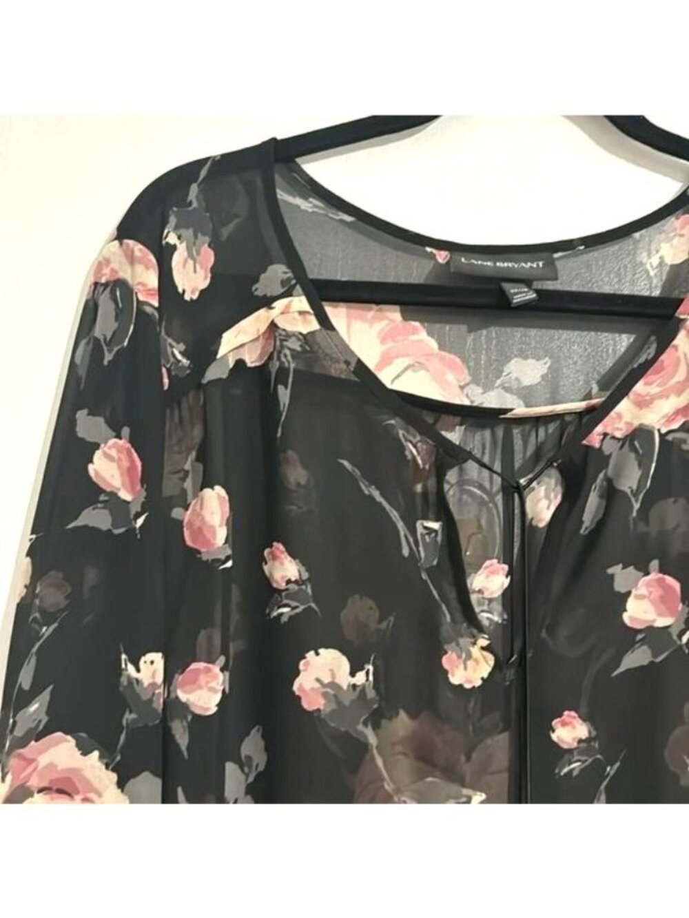 Lane Bryant Sheer Floral Long Sleeve Blouse Size 22/24 Black & Pink Roses Womens - Picture 2 of 7